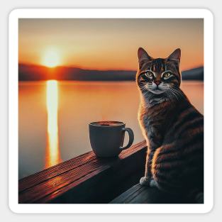 funny cat watching sunset with coffee, funny cats and coffee, cats lover Sticker